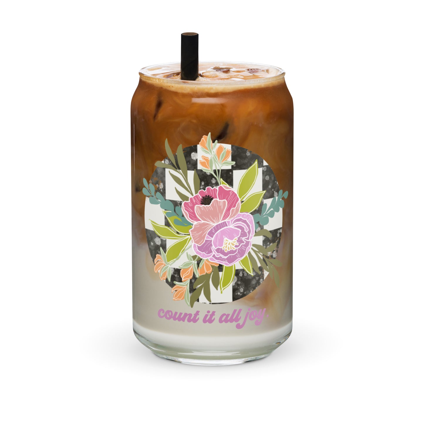 Checkered floral beer Can-shaped iced coffee glass for her