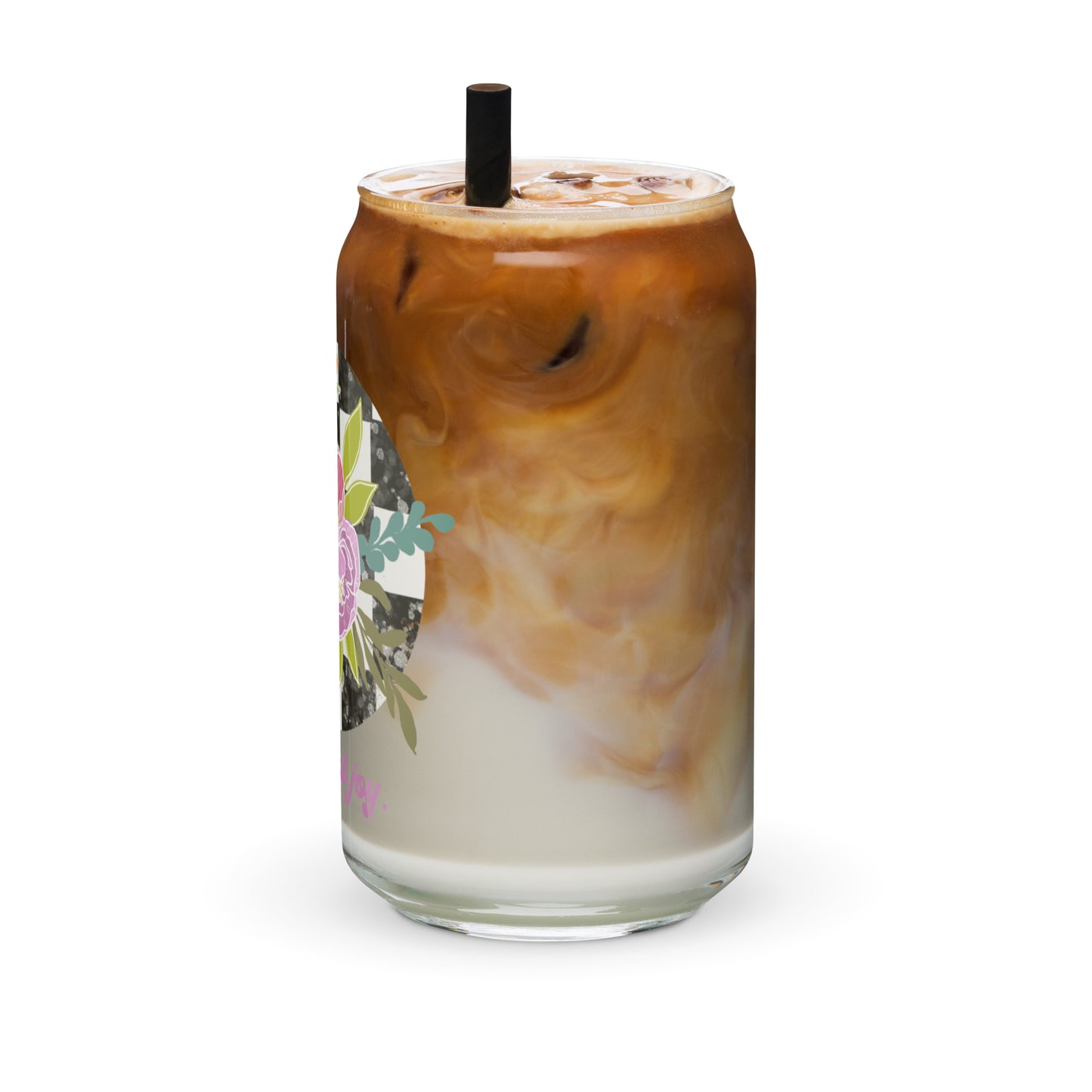 Checkered floral beer Can-shaped iced coffee glass for her