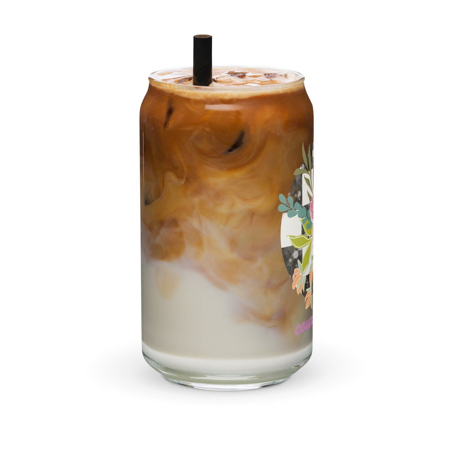 Checkered floral beer Can-shaped iced coffee glass for her