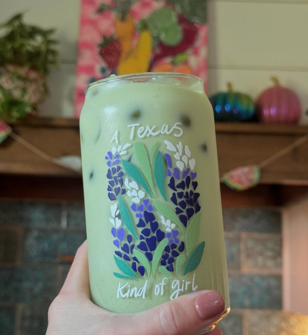 Bluebonnet Texas girl beer can shaped iced coffee glass for her, gift for Texas girl, Texas wildflowers