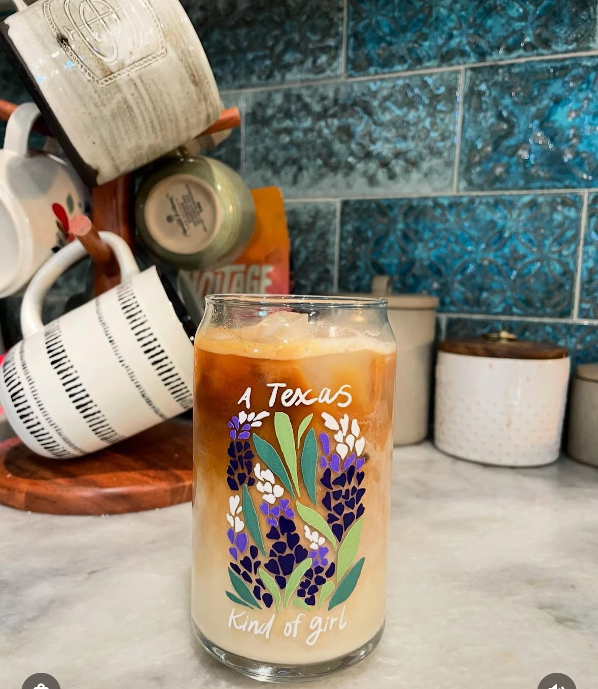 Bluebonnet Texas girl beer can shaped iced coffee glass for her, gift for Texas girl, Texas wildflowers