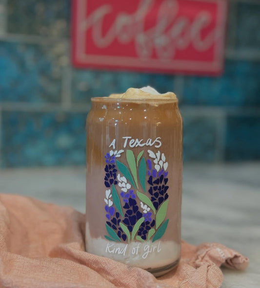 Bluebonnet Texas girl beer can shaped iced coffee glass for her, gift for Texas girl, Texas wildflowers