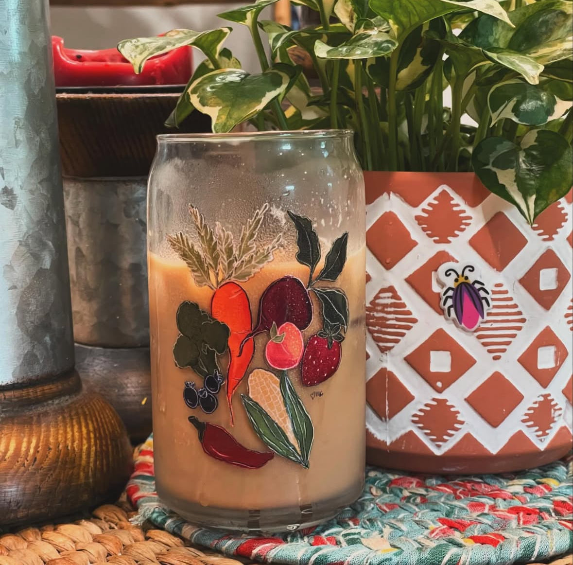Farm veggies beer can shaped glass for iced coffee, smoothie glass cup, trendy Can-shaped glass gift for her, homestead gift