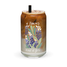 Load image into Gallery viewer, Bluebonnet Texas girl beer can shaped iced coffee glass for her, gift for Texas girl, Texas wildflowers
