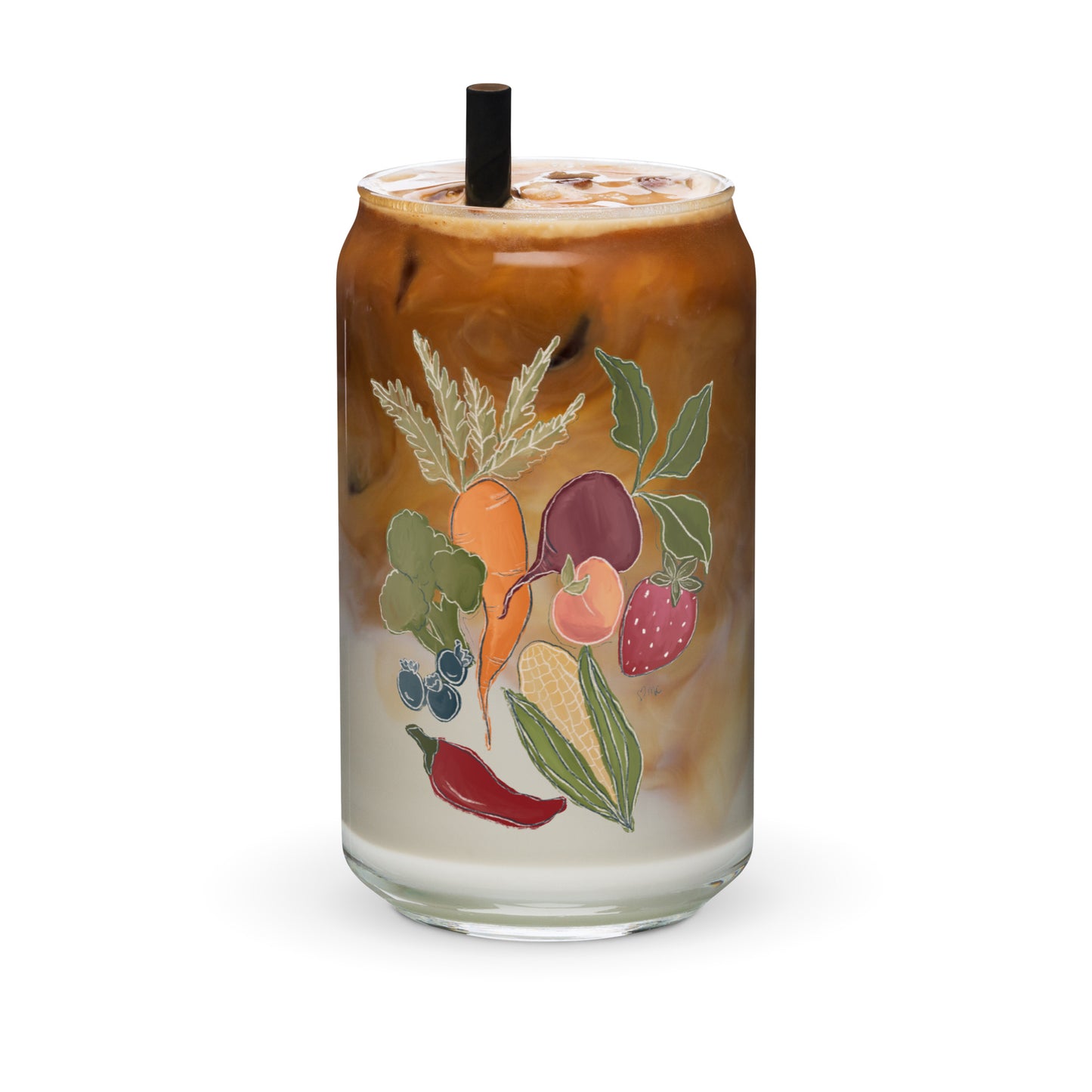 Farm veggies beer can shaped glass for iced coffee, smoothie glass cup, trendy Can-shaped glass gift for her, homestead gift