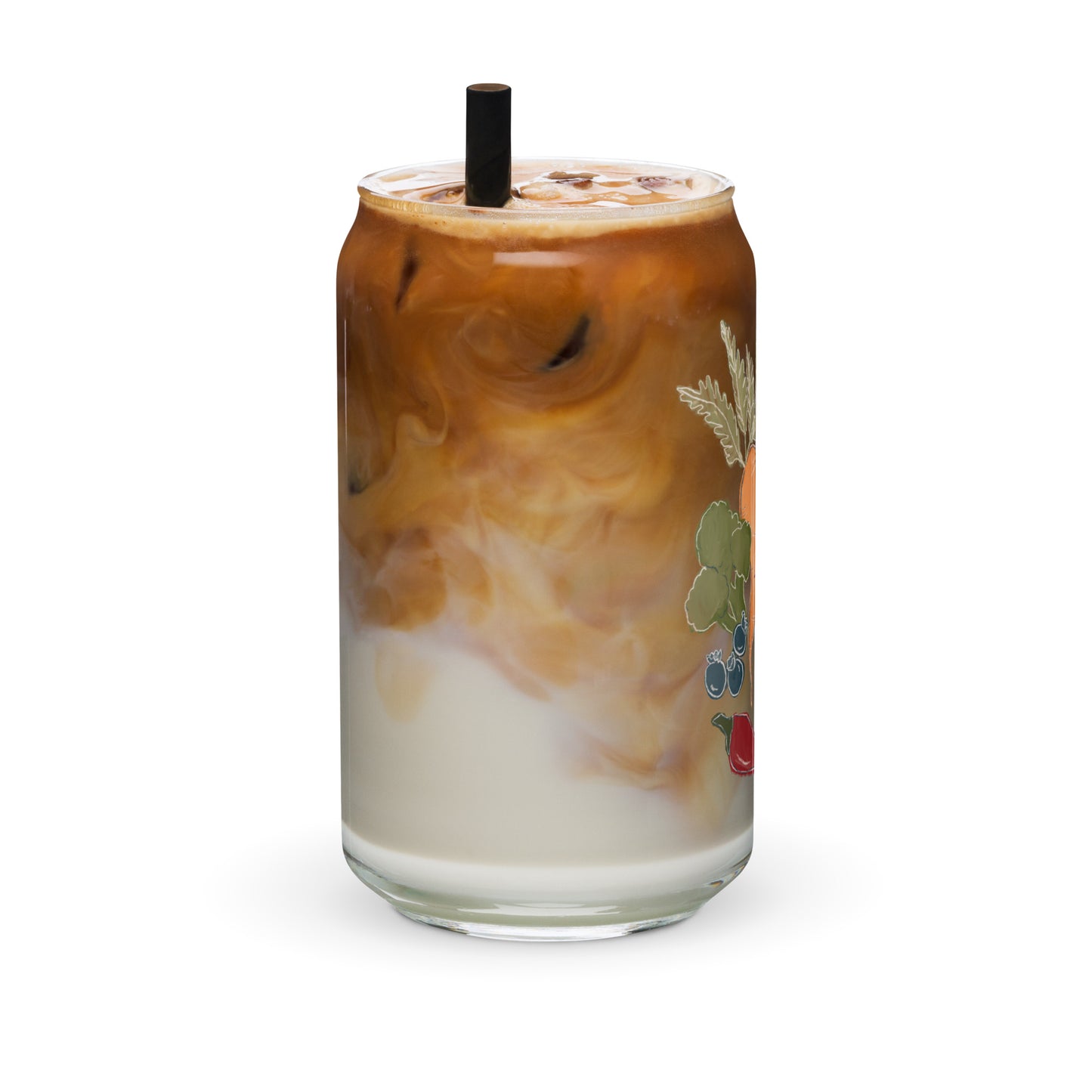 Farm veggies beer can shaped glass for iced coffee, smoothie glass cup, trendy Can-shaped glass gift for her, homestead gift