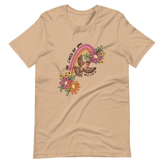 HE CARES adult t-shirt